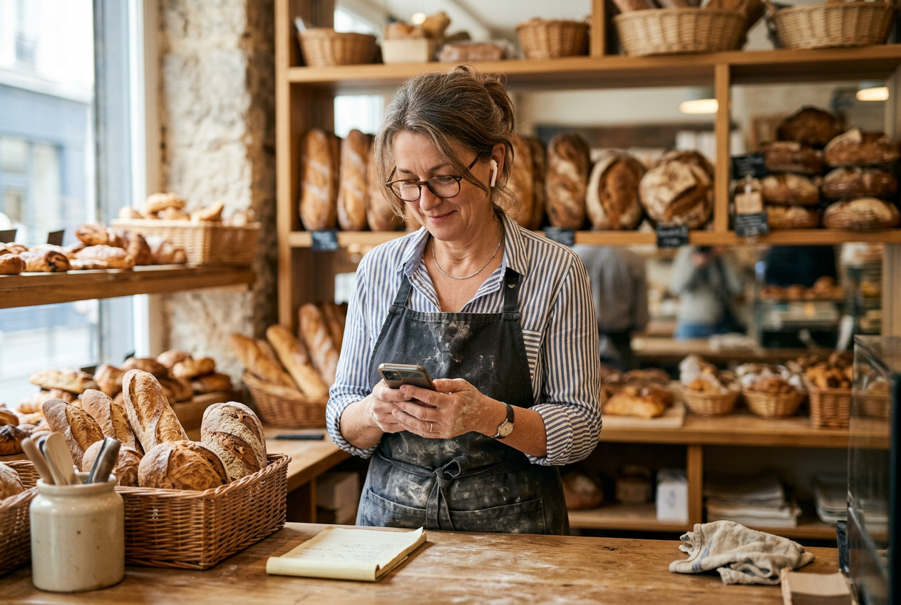 Une boulangère en tablier poudré de farine consulte son téléphone derrière le comptoir de sa boutique.