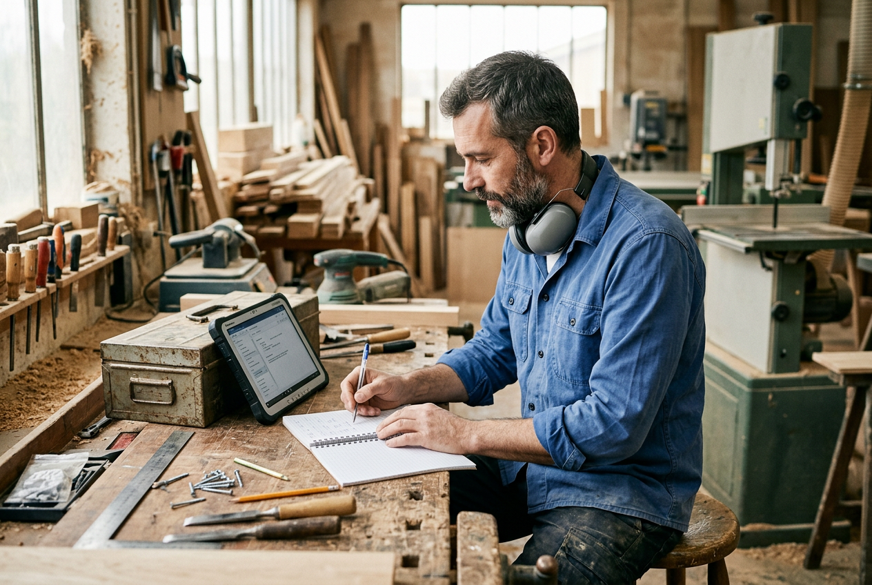 Image générée d’un responsable d’atelier qui écrit des notes à son établi.