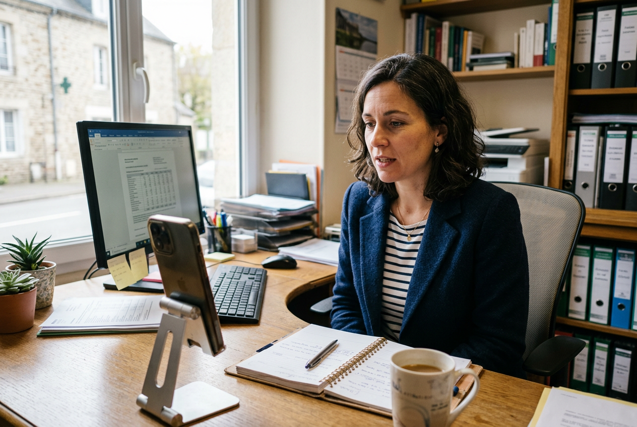 Image générée d’une directrice qui parle à un téléphone posé sur un support, à son bureau.