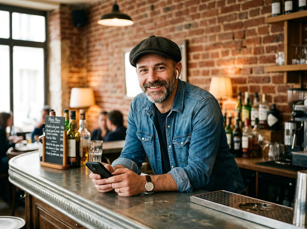 Image générée d’un patron de café appuyé à son comptoir zinc, le téléphone en main, souriant.