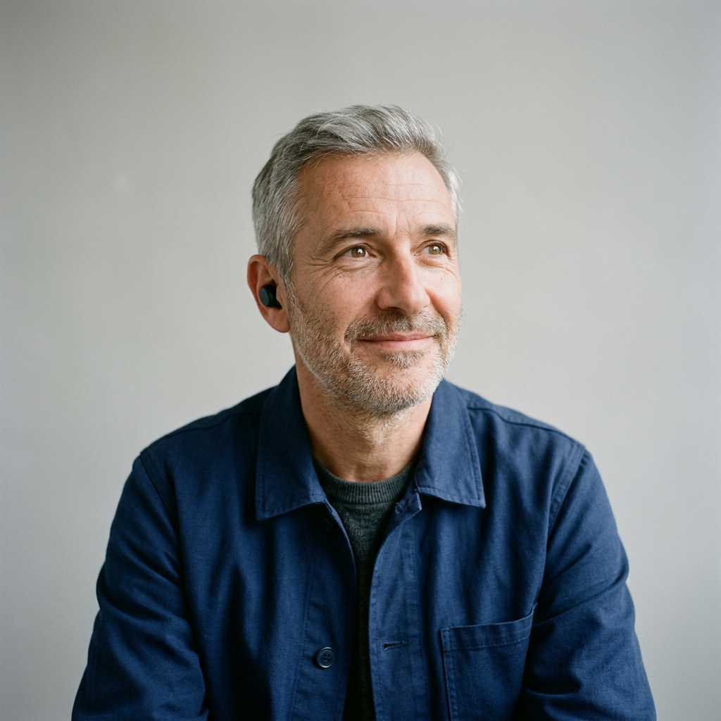 Portrait généré d’un homme en veste bleu marine qui écoute avec une oreillette.