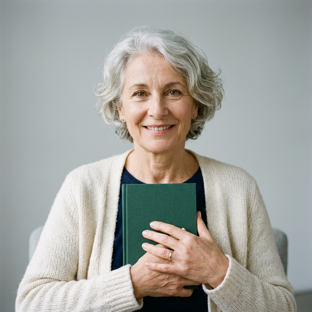 Portrait généré d’une femme souriante en cardigan crème tenant un carnet vert fermé.